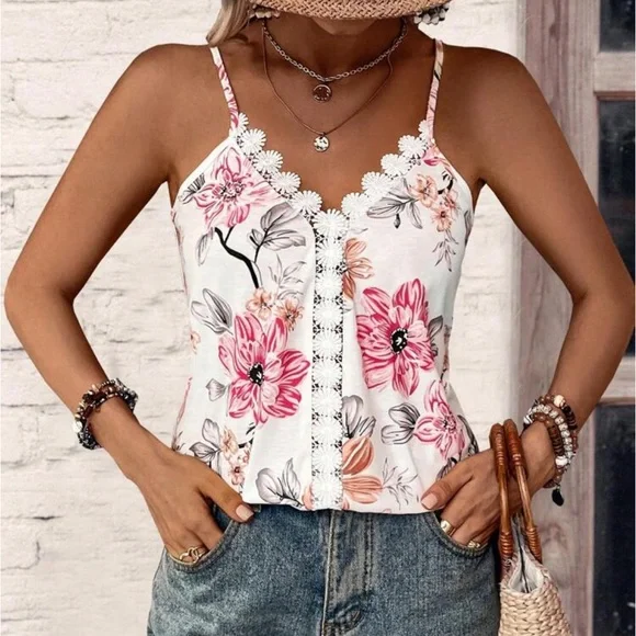 Boho Floral Lace Print Cami Top Blouse Shirt White - Picture 3 of 6